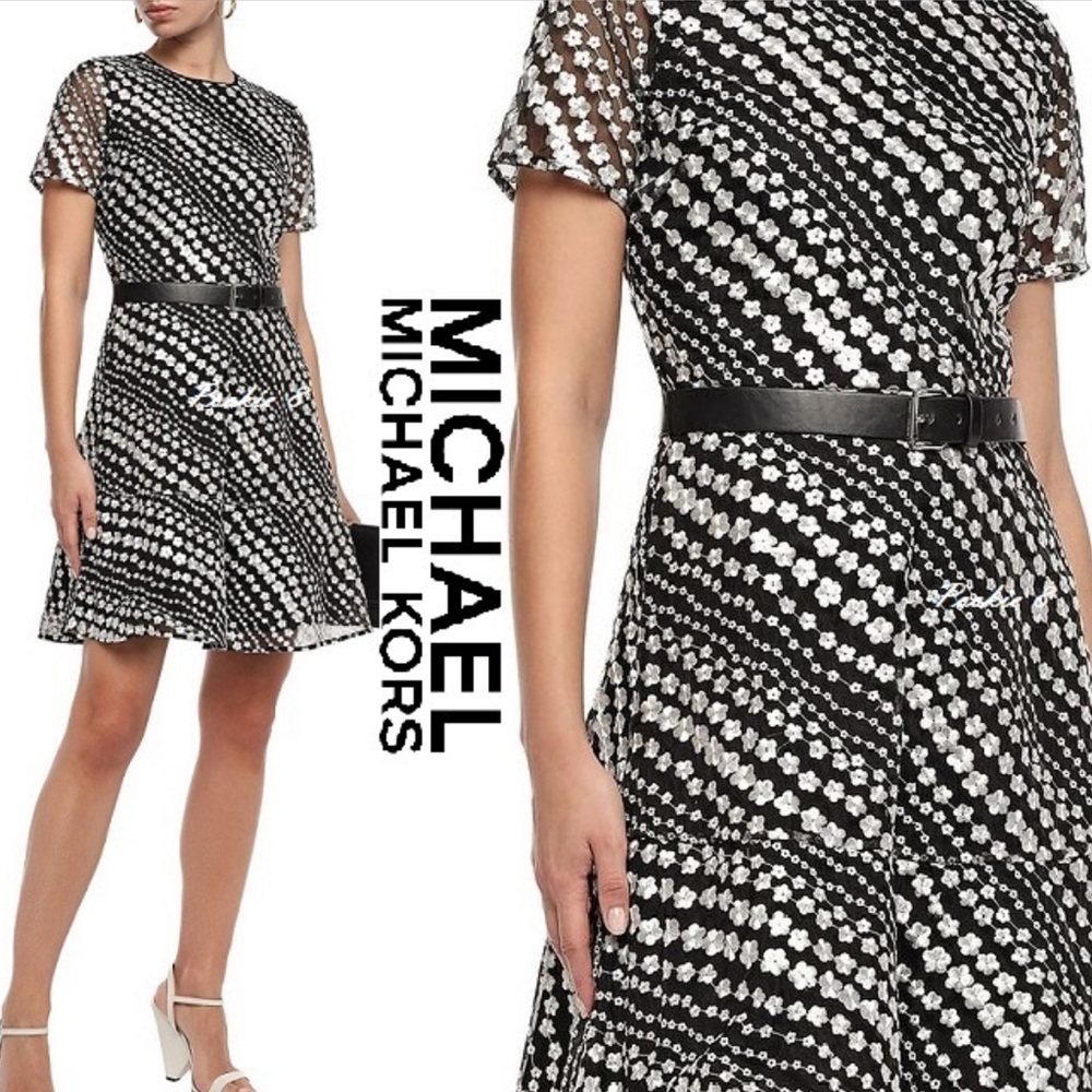 MICHAEL Michael Kors black embroidered white flowers dress Size 00 Lace lined AA